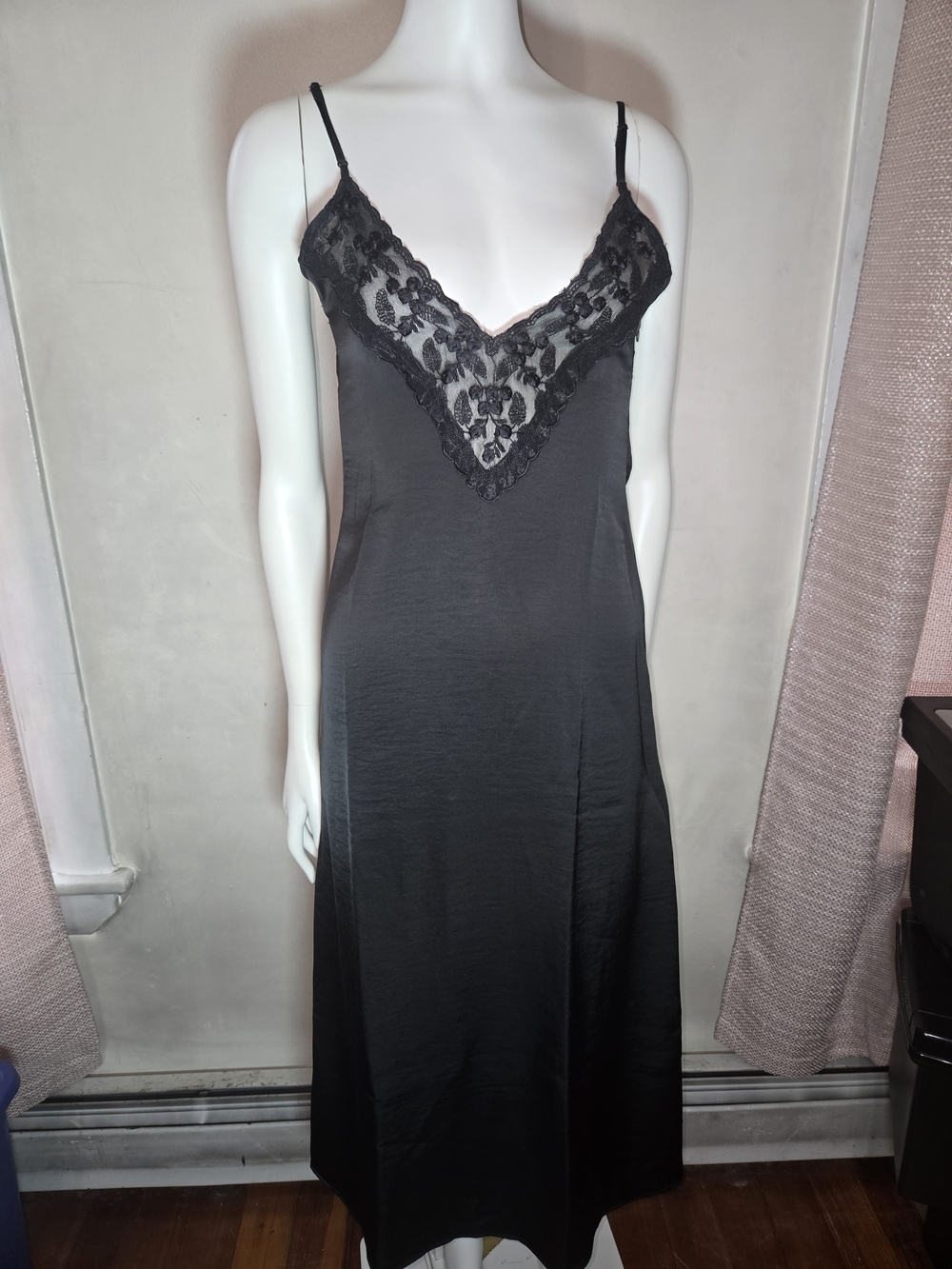 Black Lace-Trim Satin Slip Nightdress